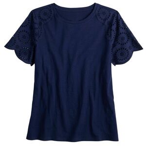 T Tahari Navy Eyelet Raglan Sleeve Top l Medium